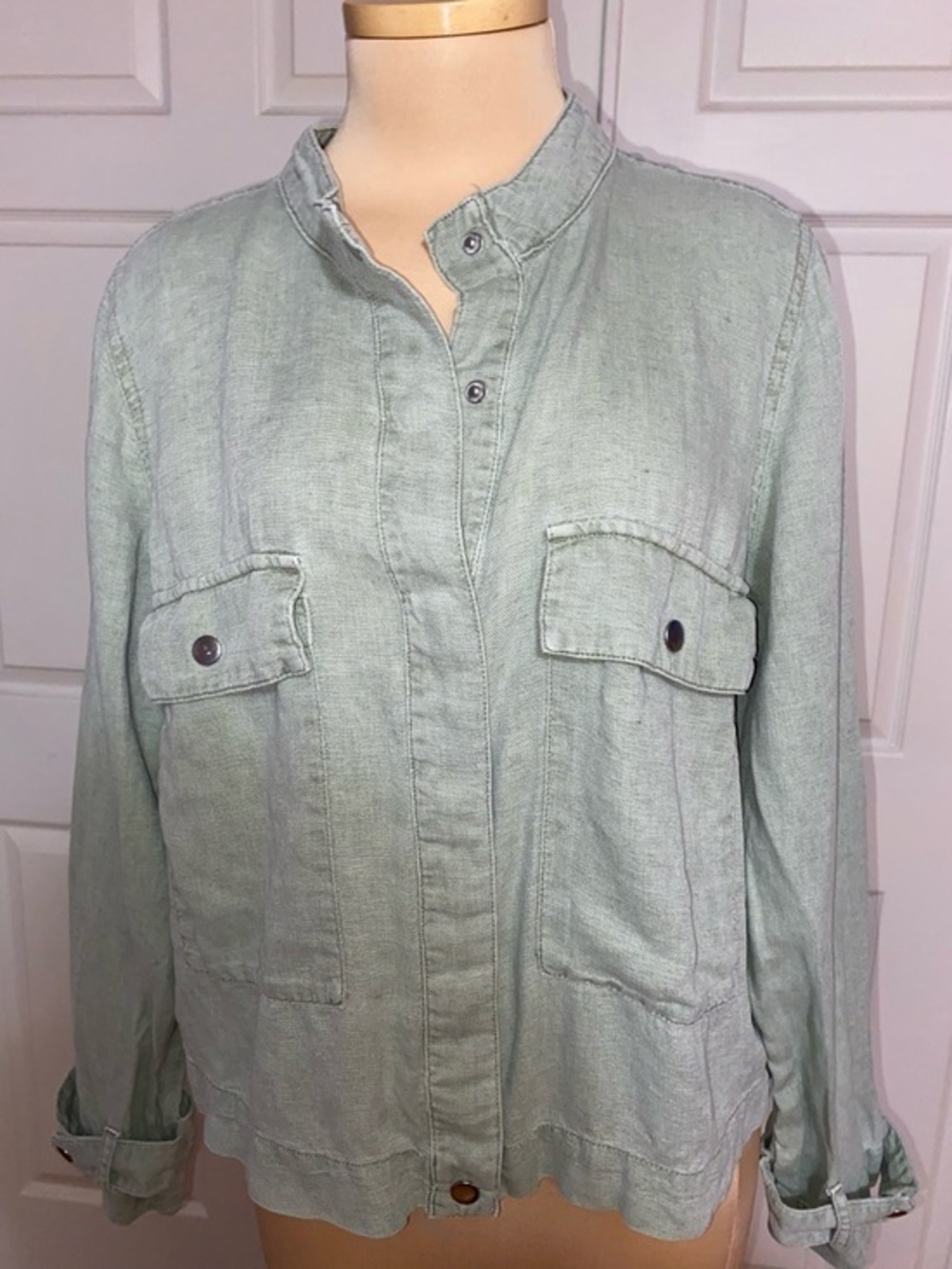 Nicole Miller Light Sage Utility Jacket, Lightweight, Linen Blend